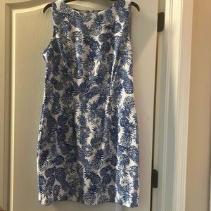Ladies dress with white background and blue pineapple, print, rare.